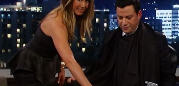 Jennifer Aniston Gives Jimmy Kimmel a Haircut, Destroys His Set – Video