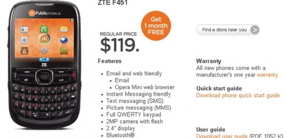 Public Mobile Launches ZTE F451 Messaging Phone