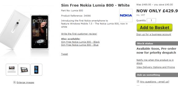 White Nokia Lumia 800 Already on Pre-Order in the UK