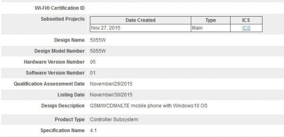 Alcatel OneTouch Fierce XL with Windows 10 Mobile Passes Bluetooth Certification