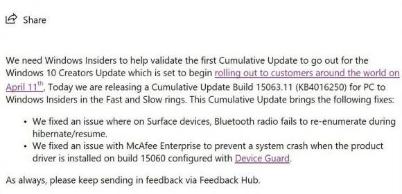 Microsoft Releases Cumulative Update KB4016250 for Windows 10 Version 1703