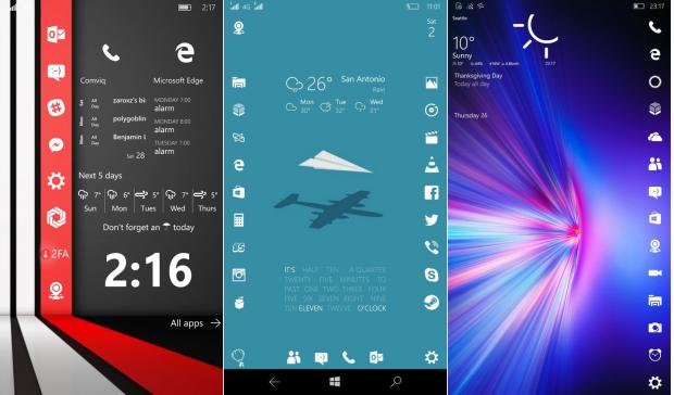 Windows 10 Mobile Start screens with different layouts of live tiles