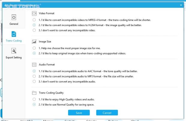 AnyTrans: Configure transcoding settings