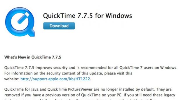 QuickTime 7.7.5 update available for Windows customers