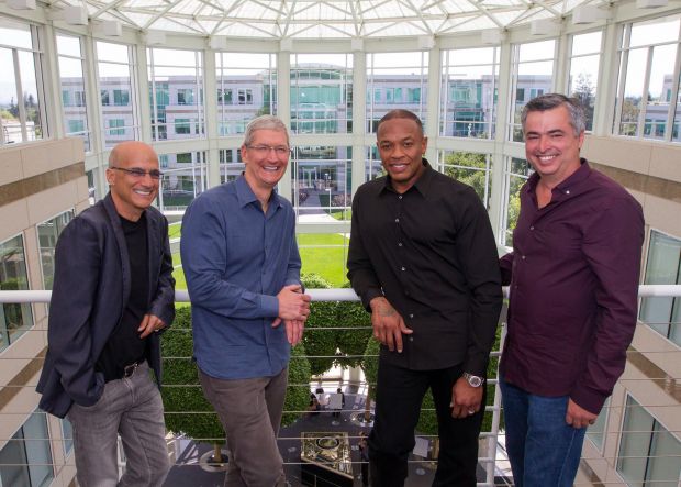 Apple-Beats acquisition group photo (from left to right): Jimmy Iovine, Tim Cook, Dr. Dre, and Eddy Cue