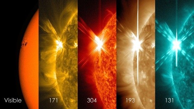 Flare documented on the Sun earlier this year, on May 5, shown in different wavelenghts