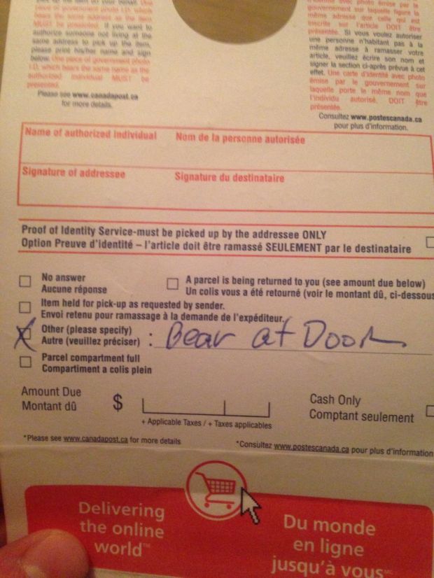 The note left by the Canadian mailman