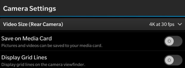 BlackBerry Passport "Camera Settings" screenshot