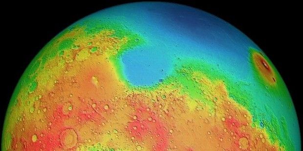 Mars is home to lowlands (blue) and volcanic fields (yellow to red)