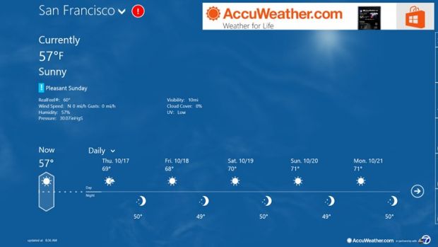 AccuWeather comes with a plethora of weather details and displays the current conditions on the Start screen