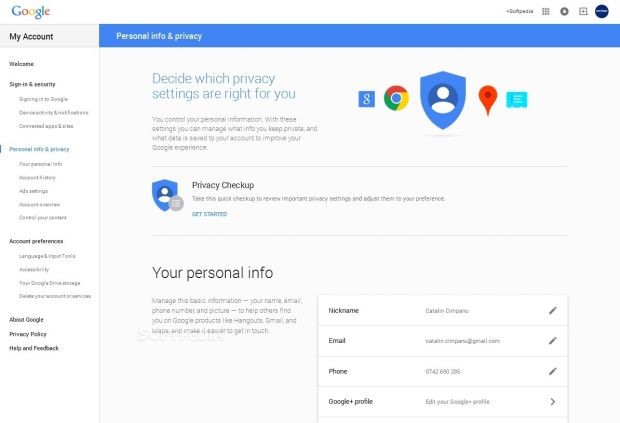 The Google personal info &privacy settings page