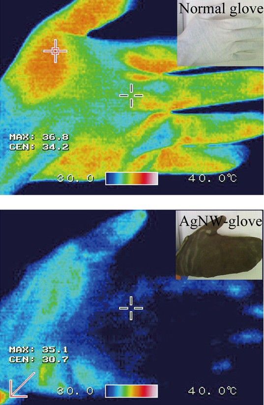Images show how a regular glove (top) lets warmth escape while a nanowire glove traps it