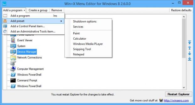 All options are included in a single screen that allows you to add, edit and manage entries in the Win+X menu