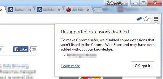 What you'll see when Chrome automatically disables an extension for you