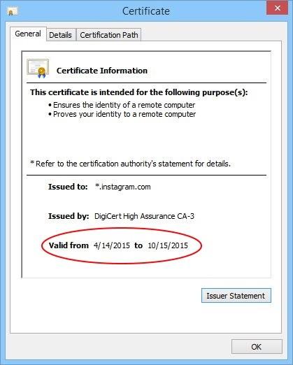 Instagram's SSL/TLS certificate renewed