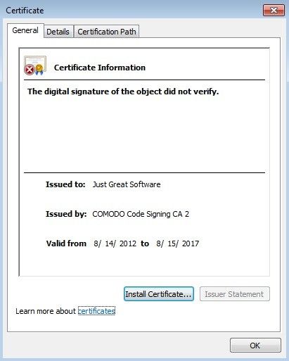 Digital signature for the malware is no longer valid
