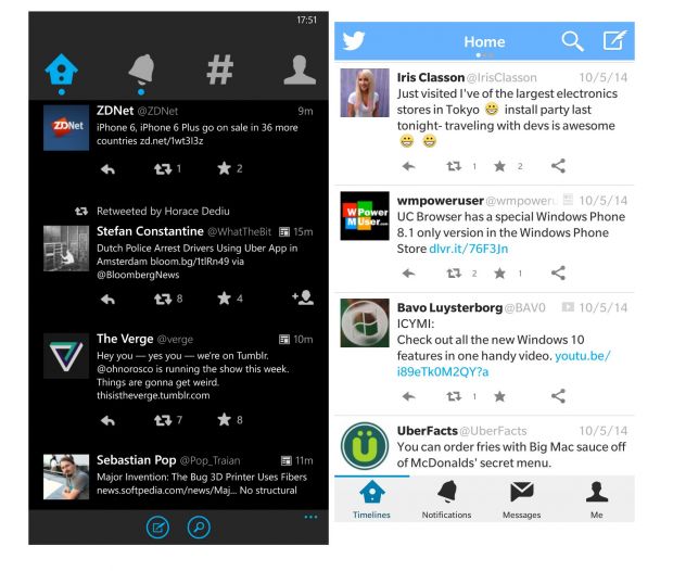 Twitter on Windows Phone (on the left) and BlackBerry OS 10 (on the right)