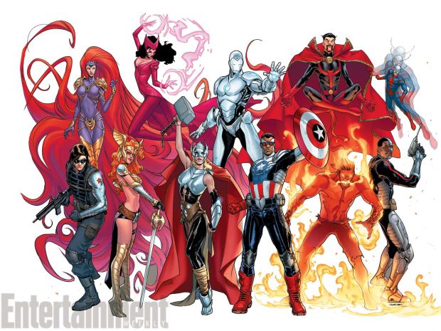 From top to bottom, left to right: Medusa, Scarlet Witch, Iron Man, Doctor Strange, Ant-Man, The Winter Soldier, Angela, Thor, Captain America, Inferno, Deathlok