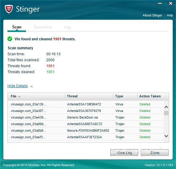 Our performance tests showed that McAfee Stinger had a 98.05% success ratio in detecting malware