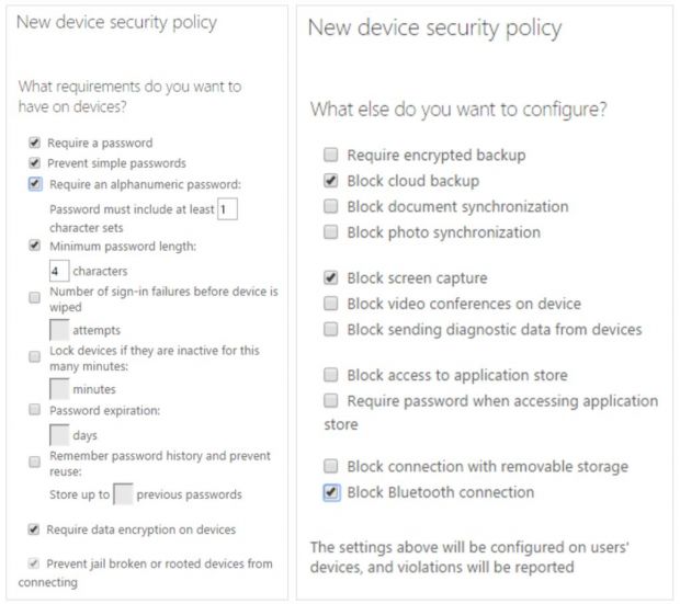 Device management options available in Office 365