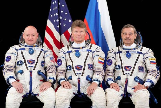 From left to right: NASA's Scott Kelly and Gennady Padalka and Mikhail Kornienko of Roscosmos