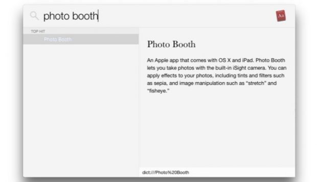 Apple's definition of "Photo Booth" in Yosemite's spotlight search