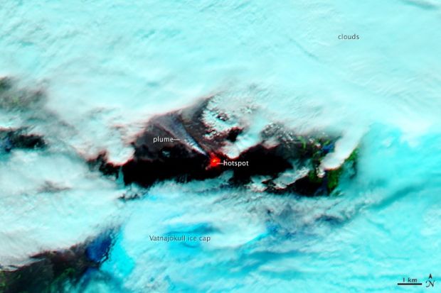 Image documents the location of the hotspot of ongoing volcanic eruption in Iceland