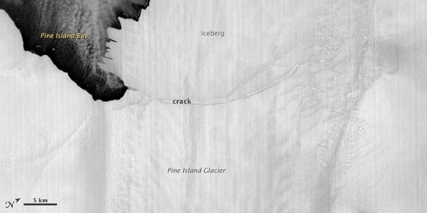 Crack in the Pine Island Glacier and the iceberg spawned by it