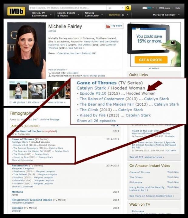 Michelle Fairley's IMDB page lists appearance on “Game of Thrones” season 5, which makes no sense unless Lady Stoneheart is introduced