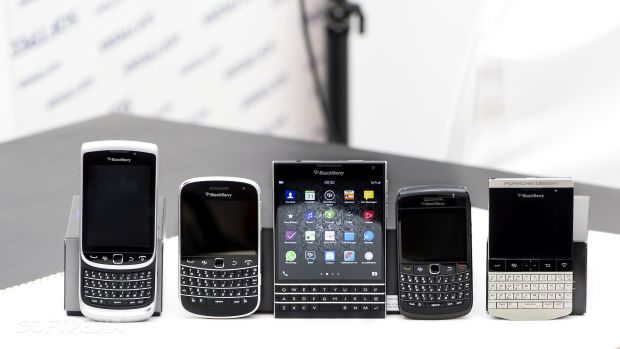 BlackBerry Passport, in the center of the photo, is the current flagship of the Canadian company