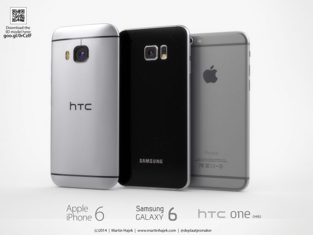 Samsung Galaxy S6 and HTC One M9 compared to iPhone 6, back view