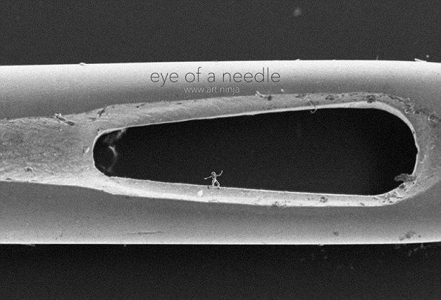 The sculpture shown inside the eye of a needle