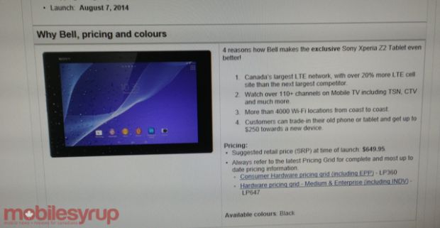 Screenshot of internal Bell document showing they will be offering the tablet
