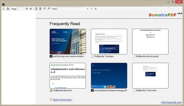 SumatraPDF displays a thumbnail preview with the most read documents.