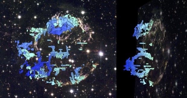 Composite image shows two perspectives of a three-dimensional reconstruction of Cassiopeia A