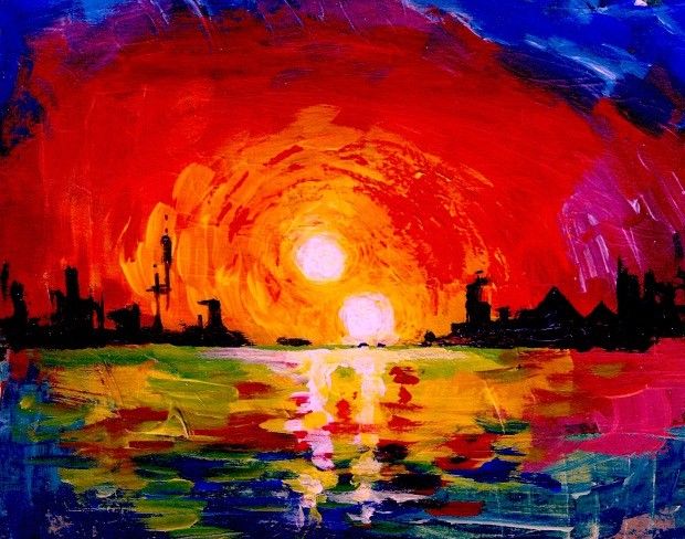 Painting depicts a double sunset on a Tatooine planet
