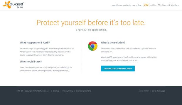 AVAST's website is now providing information on how to stay secure online, telling users to try Google Chrome
