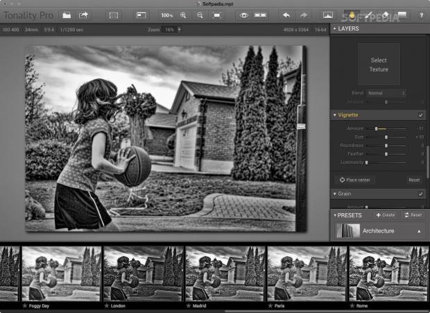 In the app’s main window, you can perform monochrome photo editing tasks, and open, save, crop, save, and export your project in a variety of formats