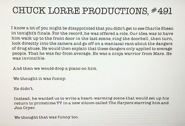 Chuck Lorre's explanation for Charlie Sheen's absence from the "Two and a Half Men" series finale