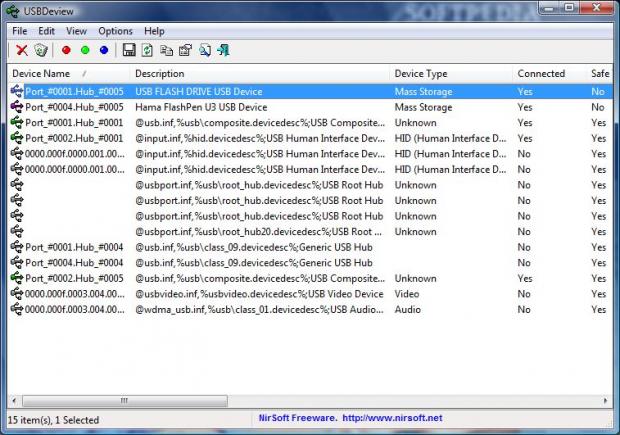 USBDeview application window on Vista