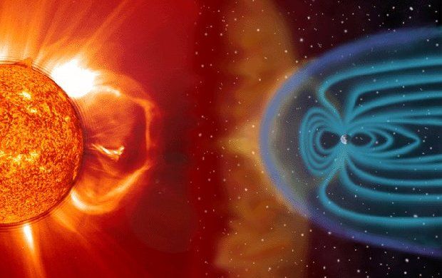 Illustration shows a massive solar flare bending Earth's magnetic fields