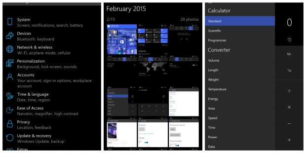 Windows 10 for phones preview settings, photos, and calendar apps