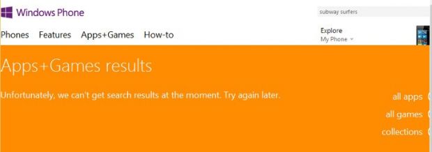 Windows Phone Store website error message