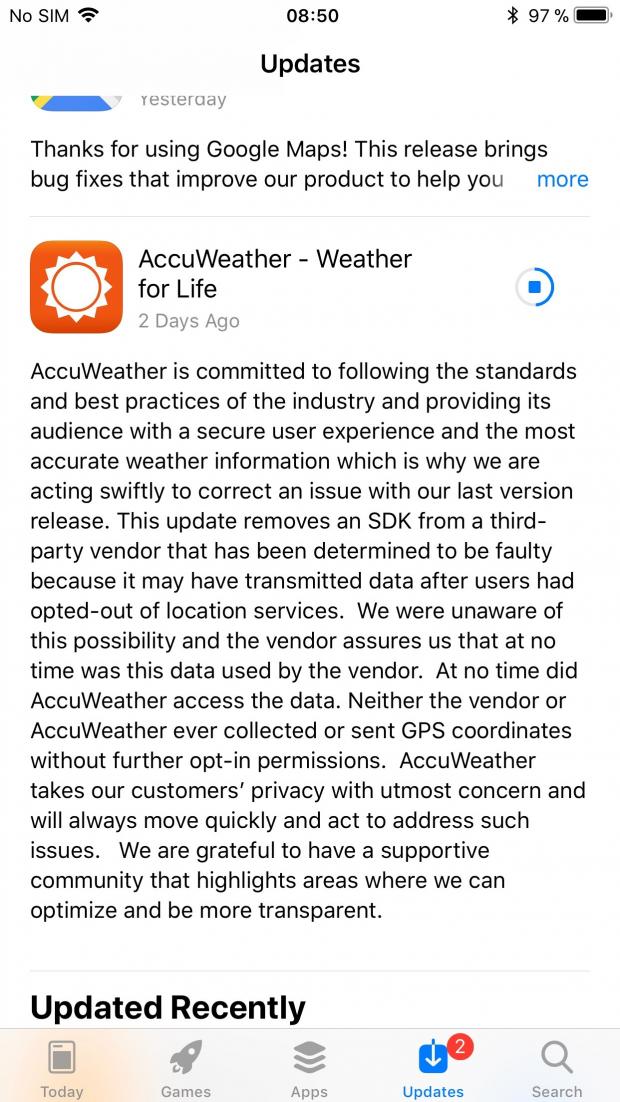 AccuWeather version 10.5.3 removing SDK functionality to collect user data