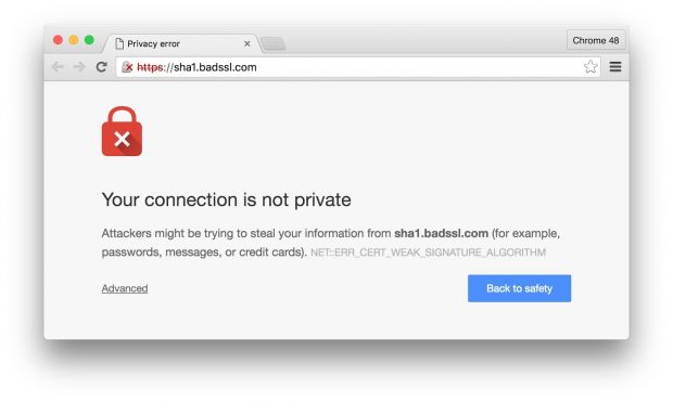 Warning shown in Chrome browsers for outdated SHA-1 certs
