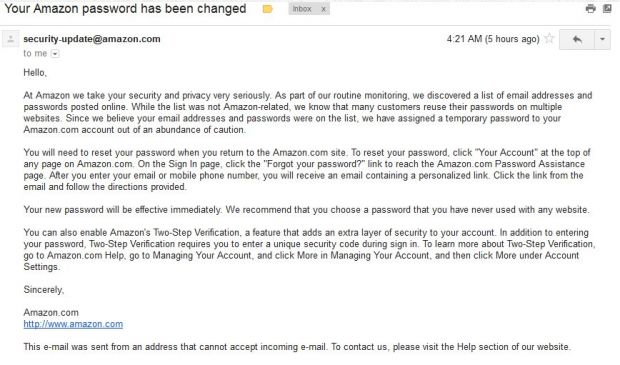 Recent Amazon password reset email notification
