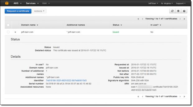 AWS Certificate Manager dashboard