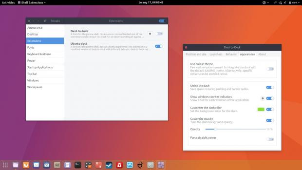 Ubuntu Dock at the bottom of the screen