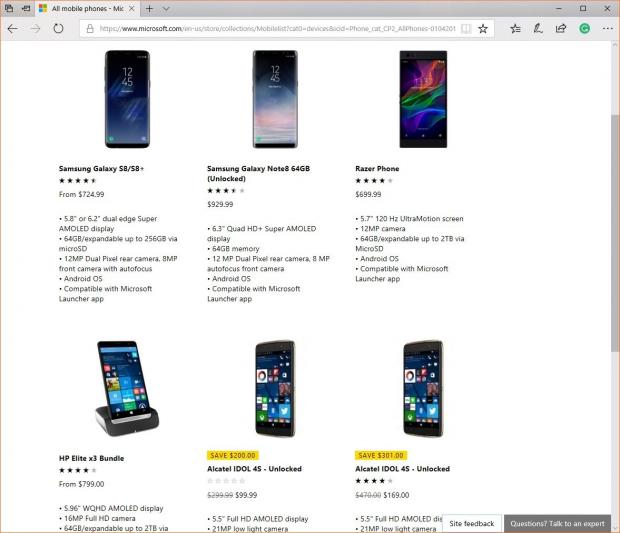 Phones currently available in the Microsoft Store