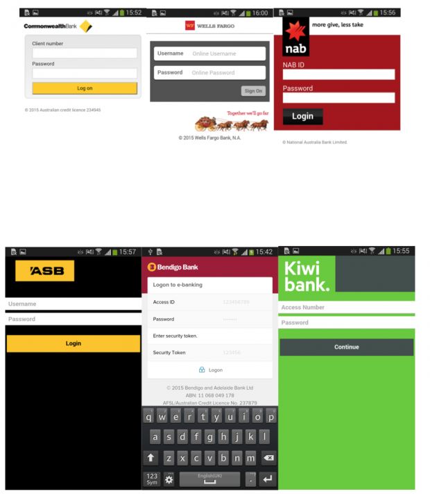 Some of the login phishing pages employed by the trojan